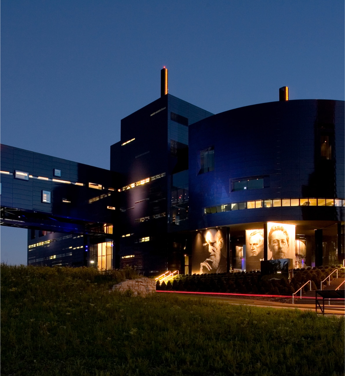 Exterior night view of the Guthrie Theater in Minneapolis, built by McGough