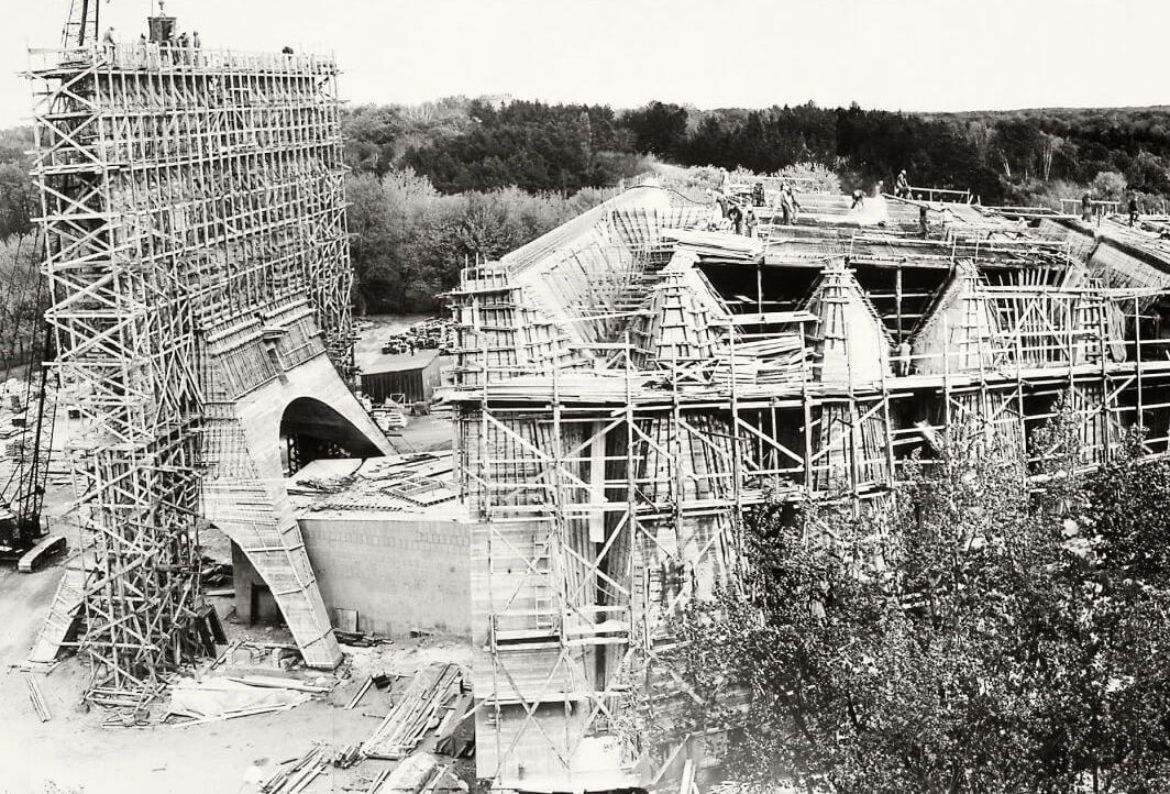 Black and white image of St. John's Abbey in Collegeville, MN, under construction in the 1950s
