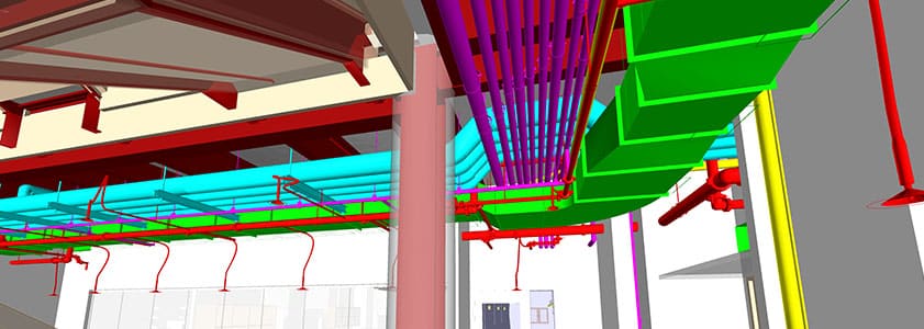 Colorful image showing the computer-generated 3D image of a building's layout