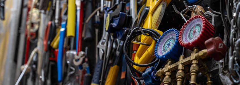 A complex network of gauges, wiring and hoses in a building's mechanical spaces.