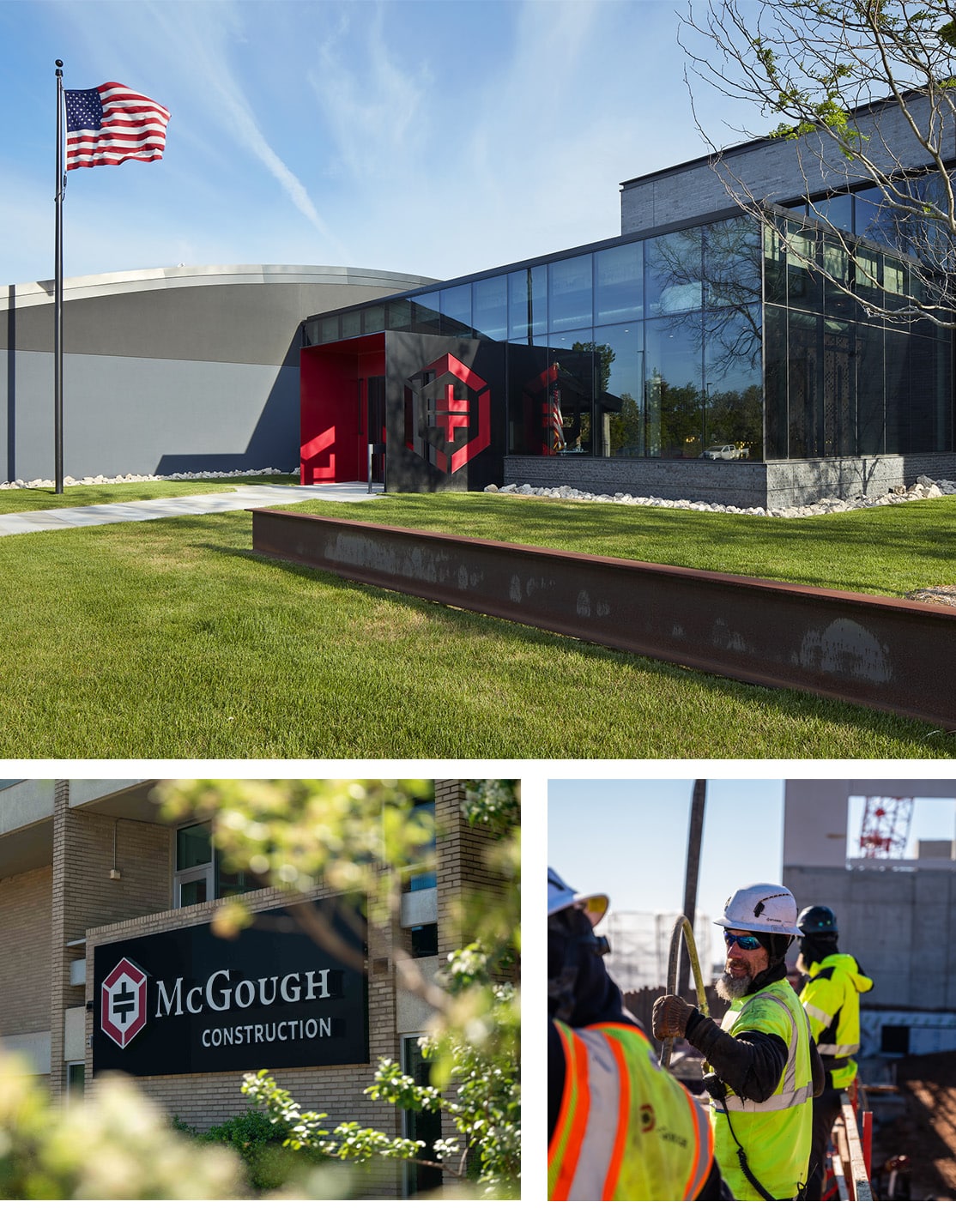 Collage of images showing McGough headquarters, a regional office, and a McGough worker in protective gear