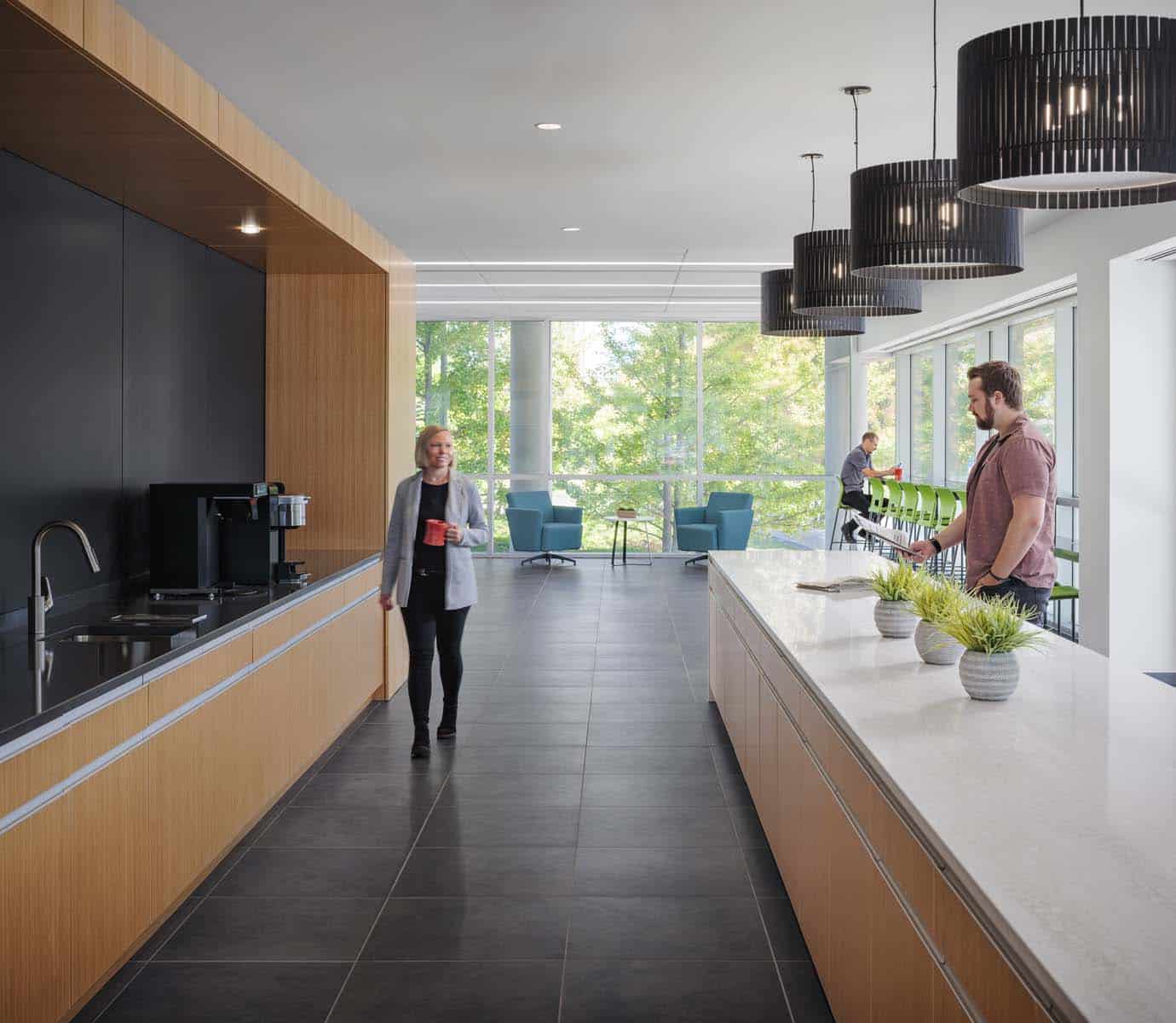 Renovated interior office space for MidAmerican Energy designed by BNIM Architects in Des Moines, Iowa.